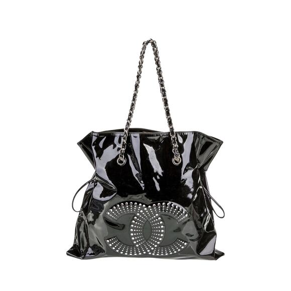 Authentic Chanel patent Leather Black Bon Bon Tote EUC Size Large Hard To Find - Picture 1 of 9